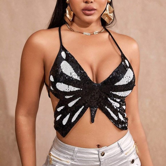 . Tops - Black Boho Womens Sequin Lace Up Backless Butterfly Shape Crop Cami…